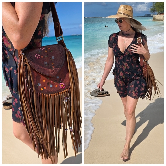 Handmade Tooled Leather Fringe Bag - Picture 6 of 12